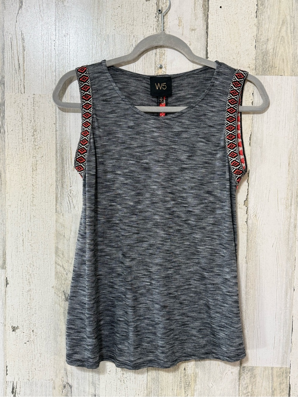 W5 Gray Knit Sleeveless Tank with Red Patterned Shoulder Trim - Picture 6 of 6